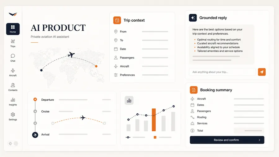 Private aviation AI assistant dashboard with trip context, grounded reply, and booking summary panels