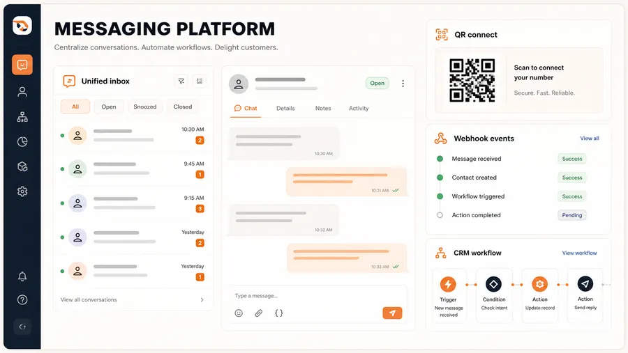 Messaging CRM workflow dashboard with unified inbox, QR connection, webhook events, and automation nodes