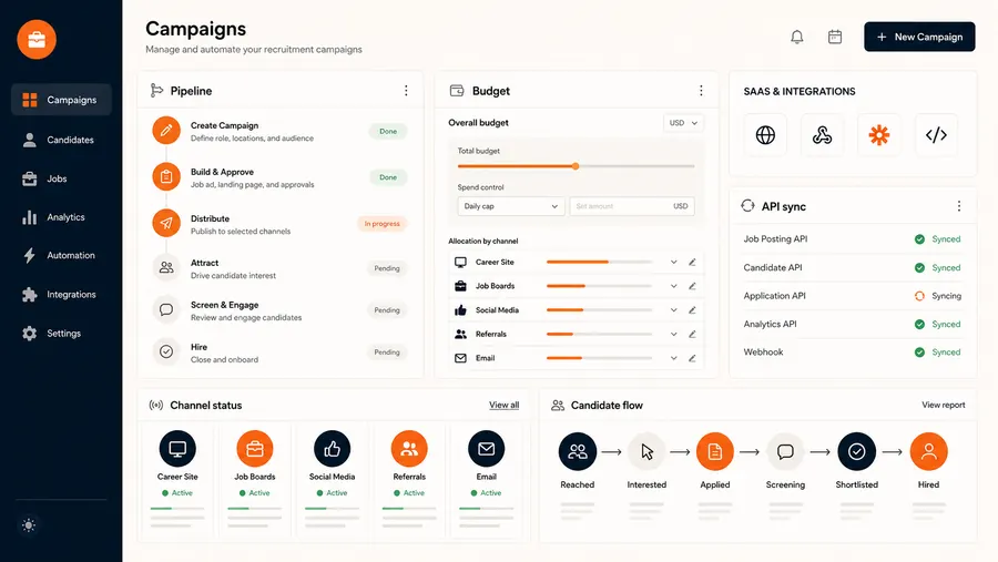Recruitment campaign automation dashboard with pipeline, budget, channel status, and API sync panels